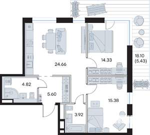 2-к квартира, строящийся дом, 74м2, 6/8 этаж