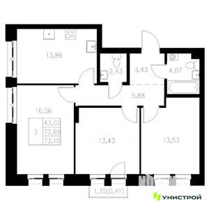 3-к квартира, вторичка, 73м2, 5/8 этаж