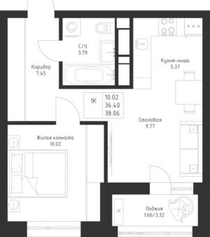 1-к квартира, вторичка, 38м2, 3/23 этаж
