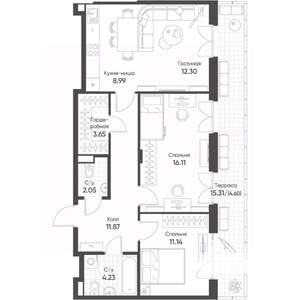 3-к квартира, строящийся дом, 75м2, 8/8 этаж