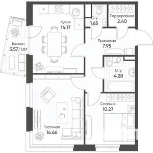 2-к квартира, строящийся дом, 56м2, 7/17 этаж