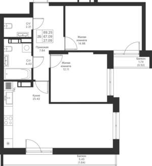 2-к квартира, вторичка, 69м2, 9/24 этаж