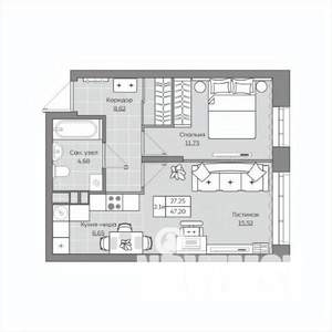 2-к квартира, вторичка, 47м2, 9/19 этаж