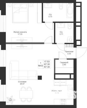 1-к квартира, вторичка, 67м2, 3/9 этаж