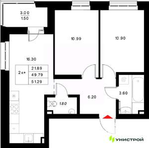 2-к квартира, вторичка, 51м2, 7/22 этаж