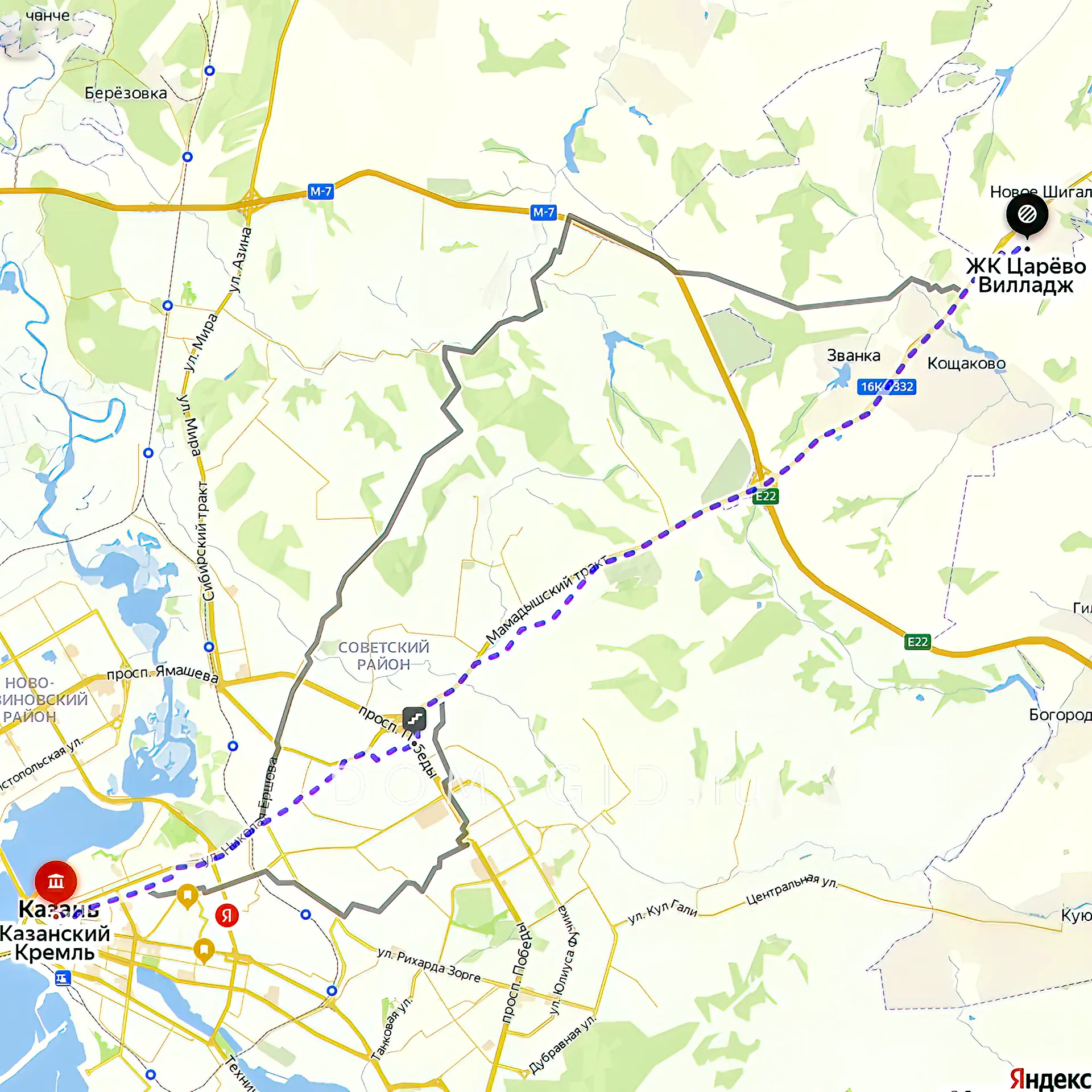 Расположение и маршрут на карте от ЖК Царево Village до центра города