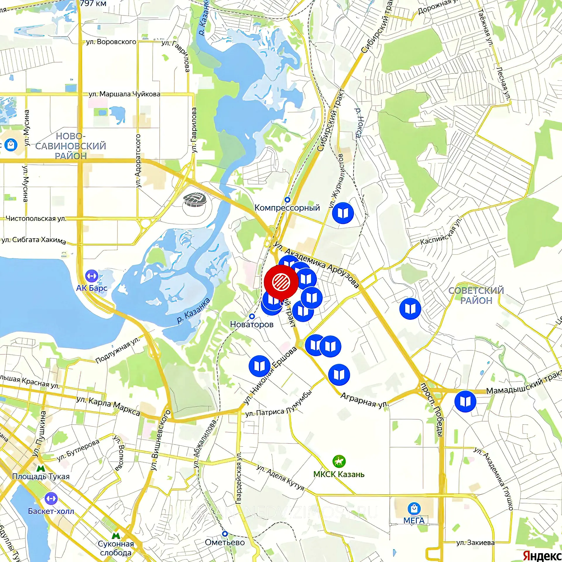 Расположение и маршрут на карте от ЖК Дружба до центра города