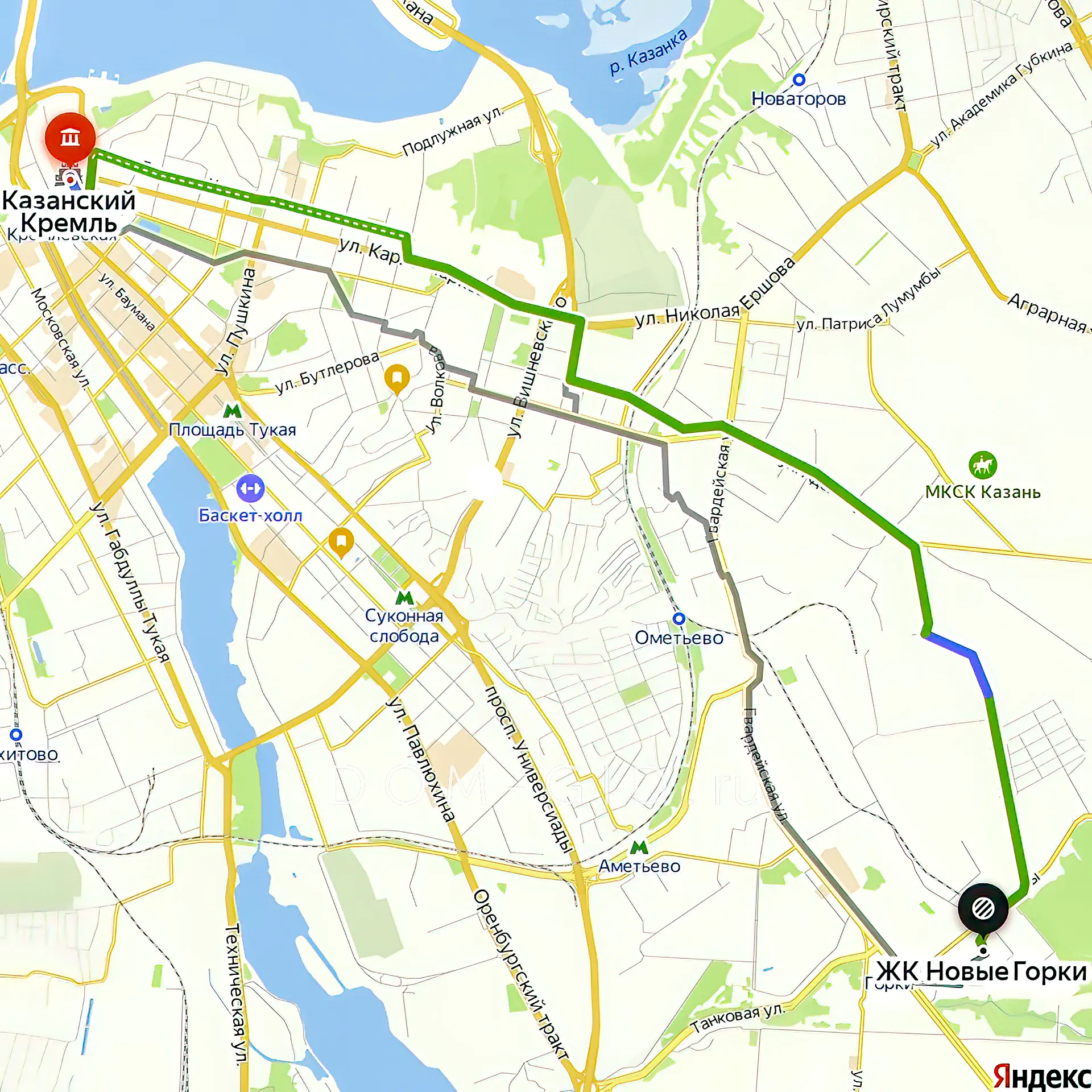 Расположение и маршрут на карте от ЖК Город-парк Новые Горки до центра города
