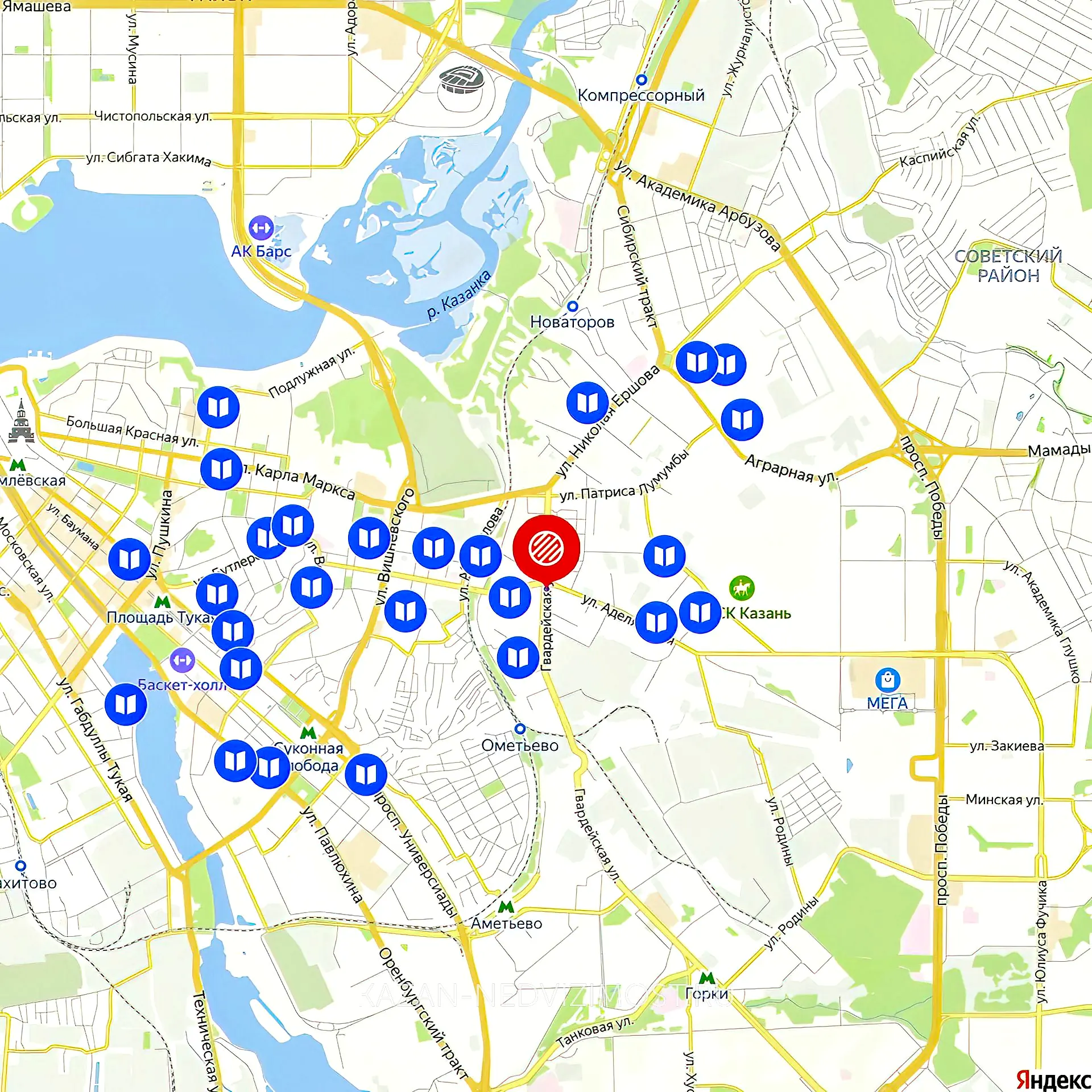 Расположение и маршрут на карте от ЖК Гвардейская 31/42 до центра города