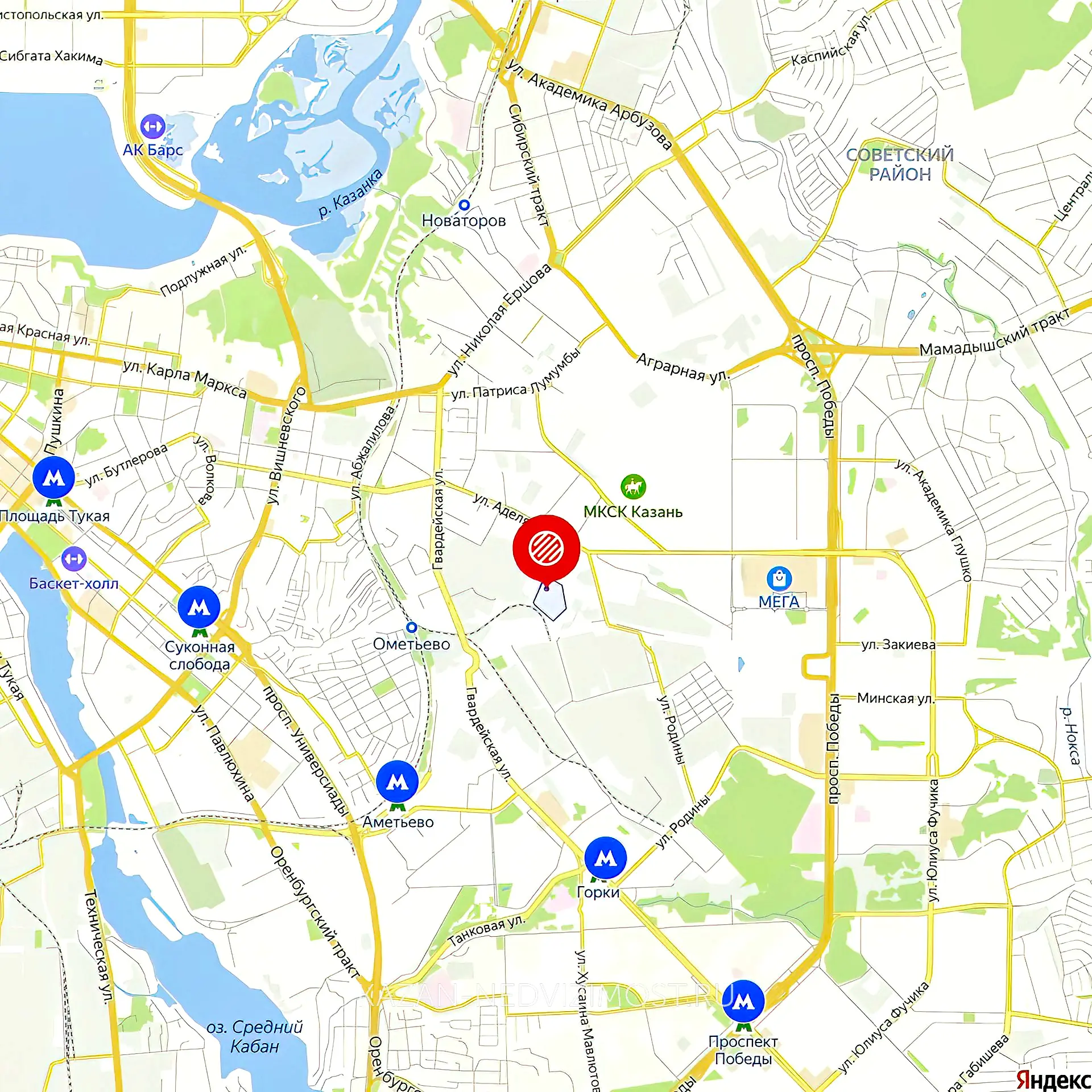 Расположение и маршрут на карте от ЖК Мечта до центра города