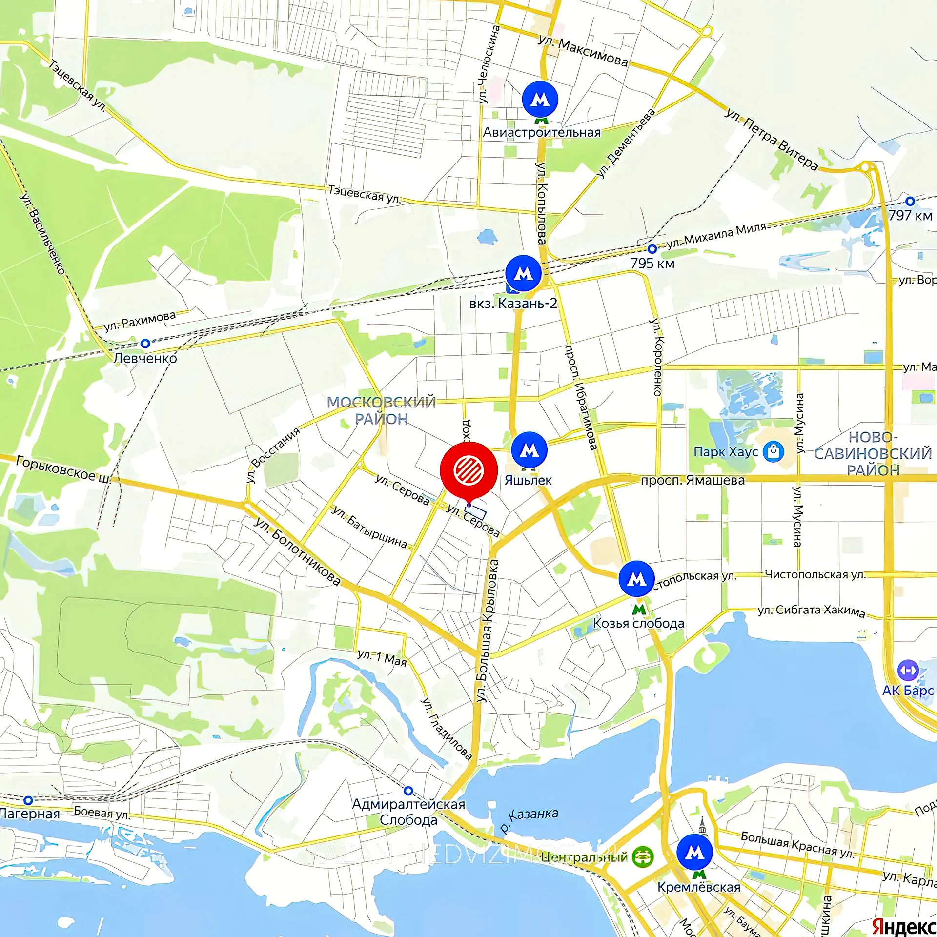 Расположение и маршрут на карте от ЖК Меркурий до центра города