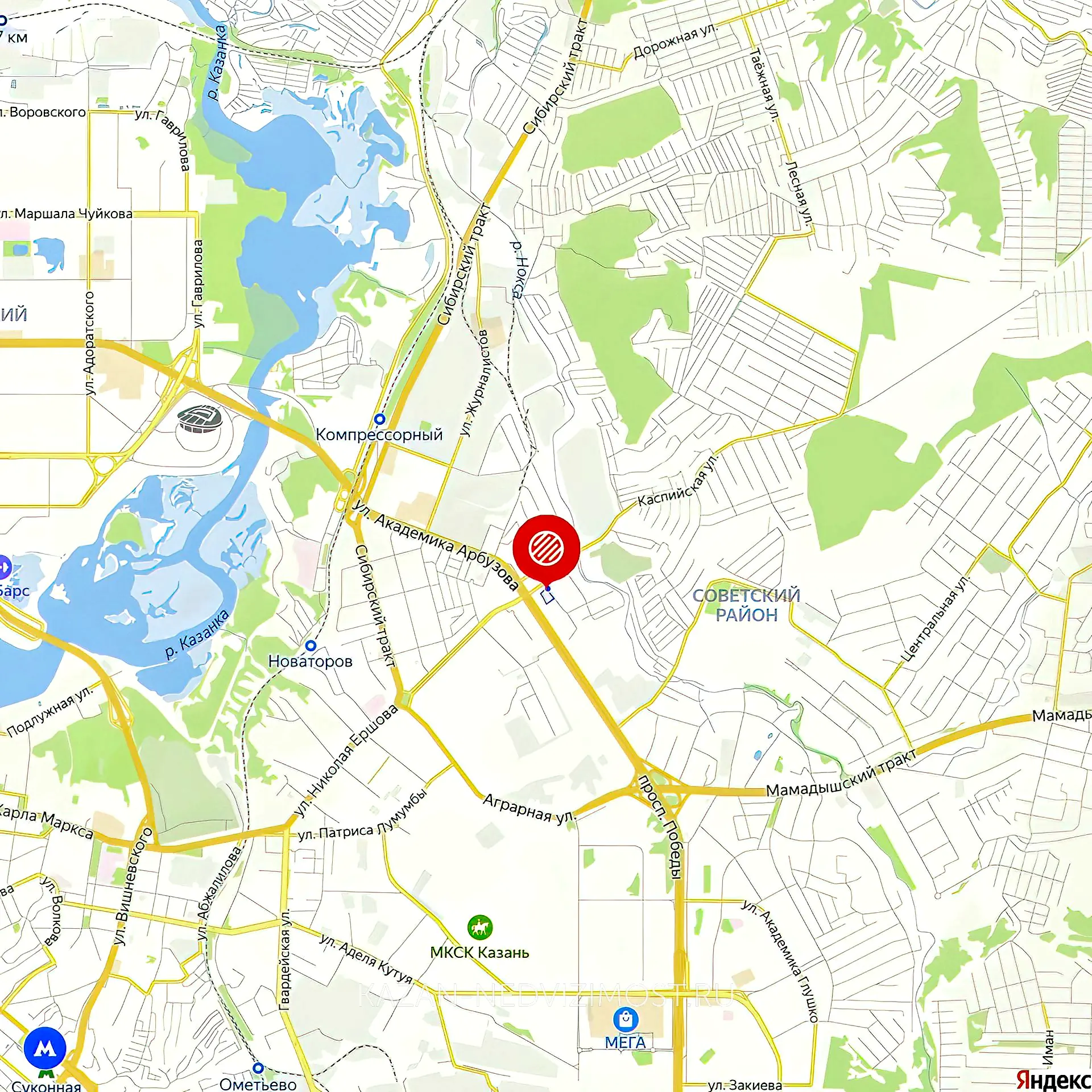 Расположение и маршрут на карте от ЖК Новый Горизонт до центра города