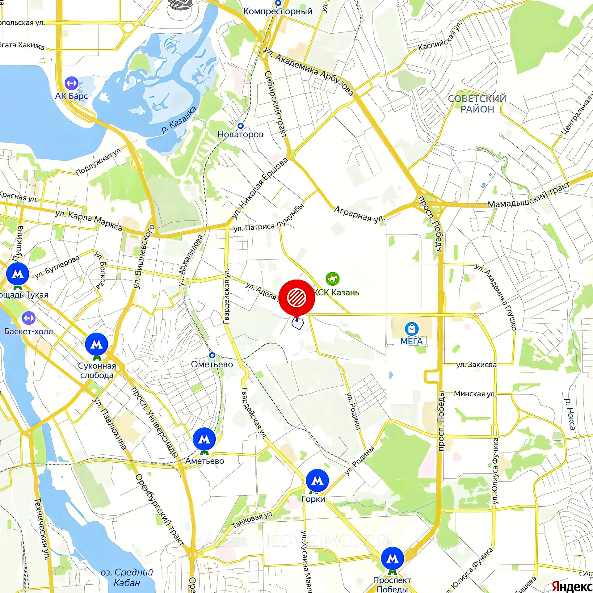 Расположение и маршрут на карте от ЖК Открытие до центра города