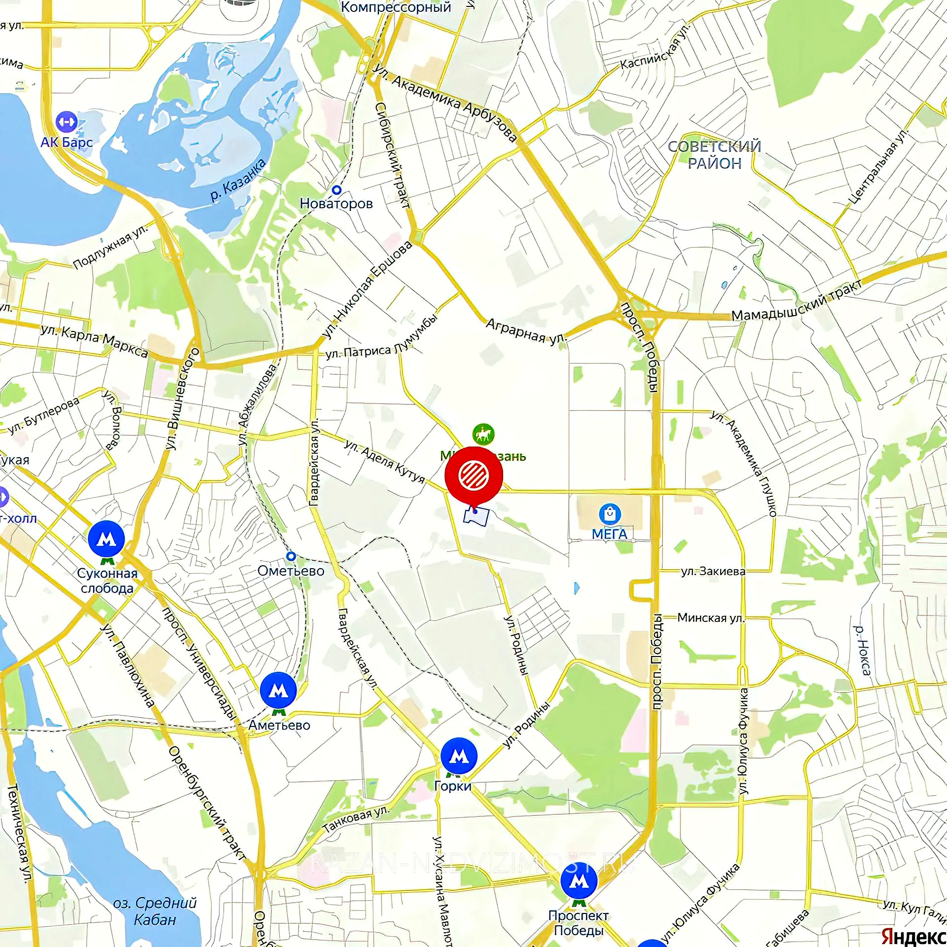 Расположение и маршрут на карте от ЖК Паруса до центра города