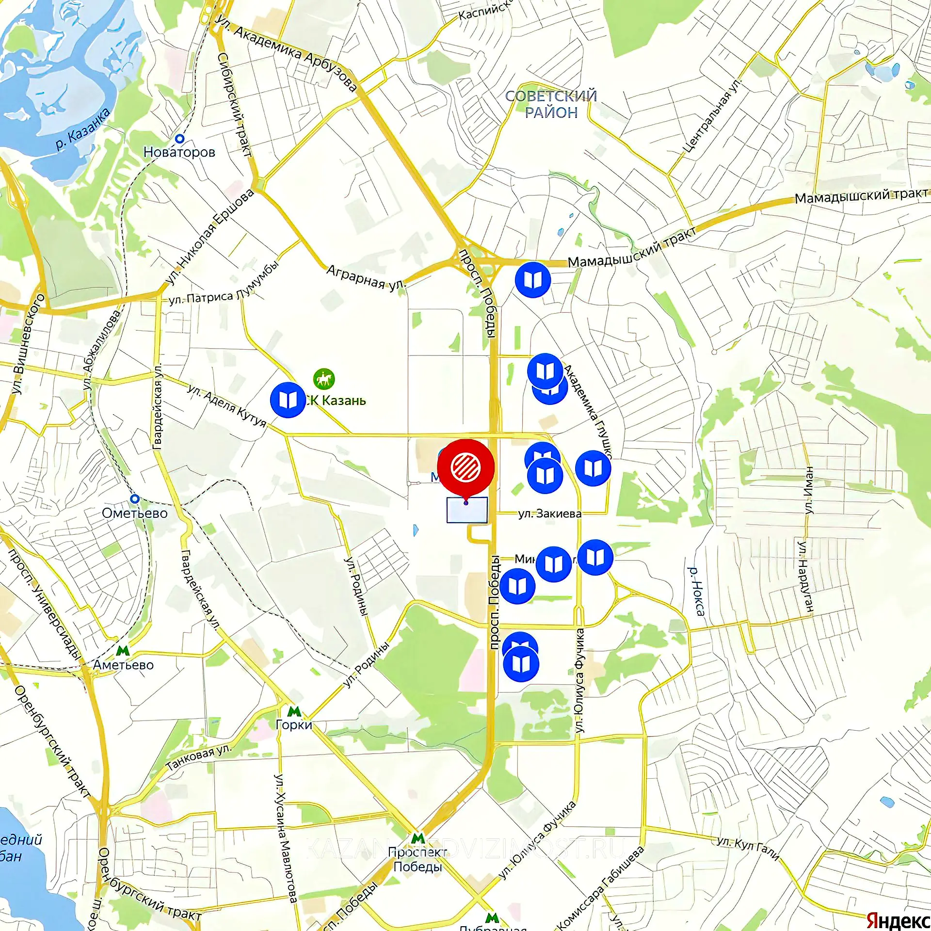 Расположение и маршрут на карте от ЖК Победа до центра города
