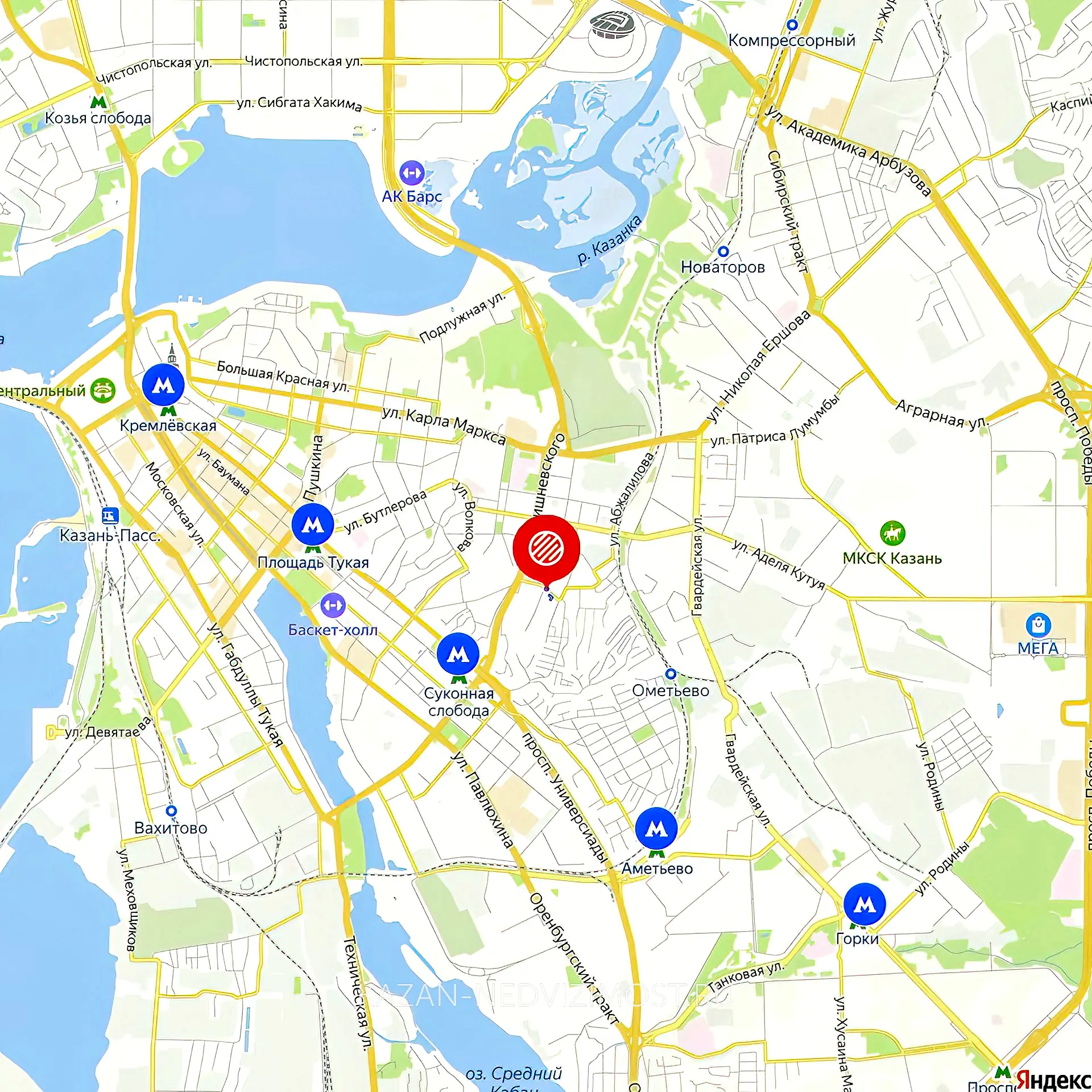 Расположение и маршрут на карте от ЖК Славный до центра города