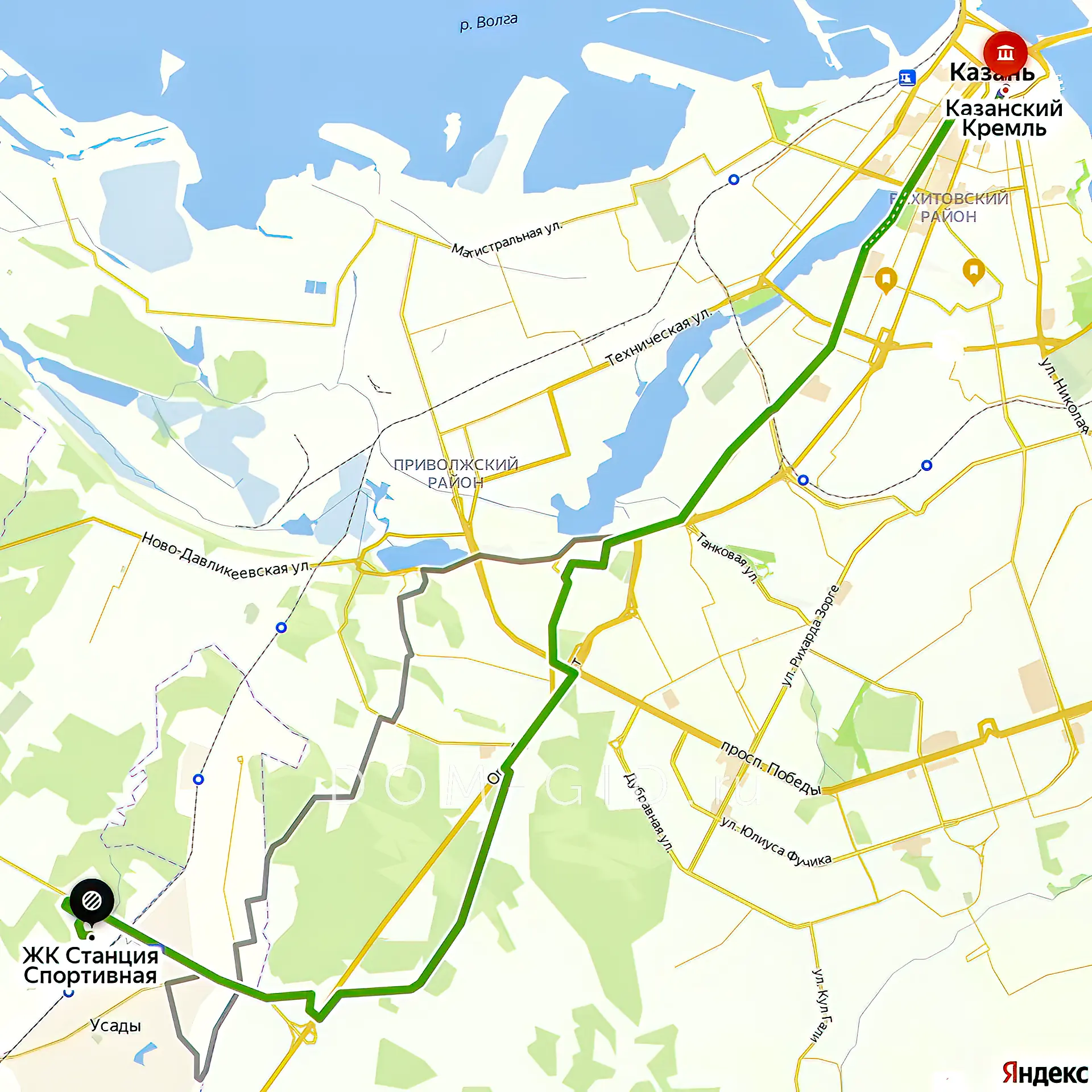 Расположение и маршрут на карте от ЖК Станция Спортивная до центра города