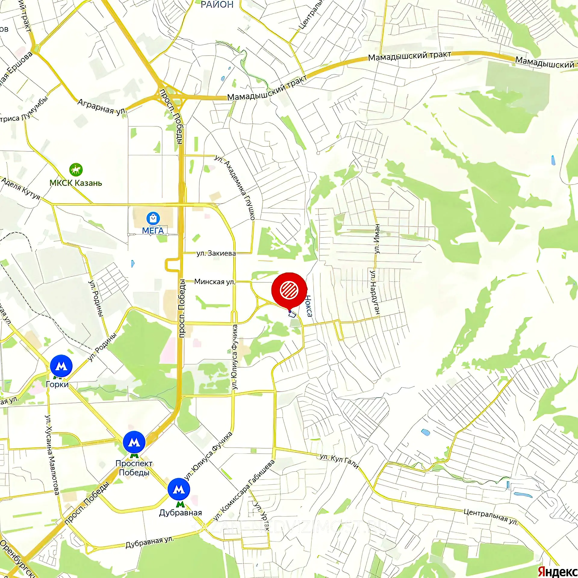 Расположение и маршрут на карте от ЖК Вознесение до центра города