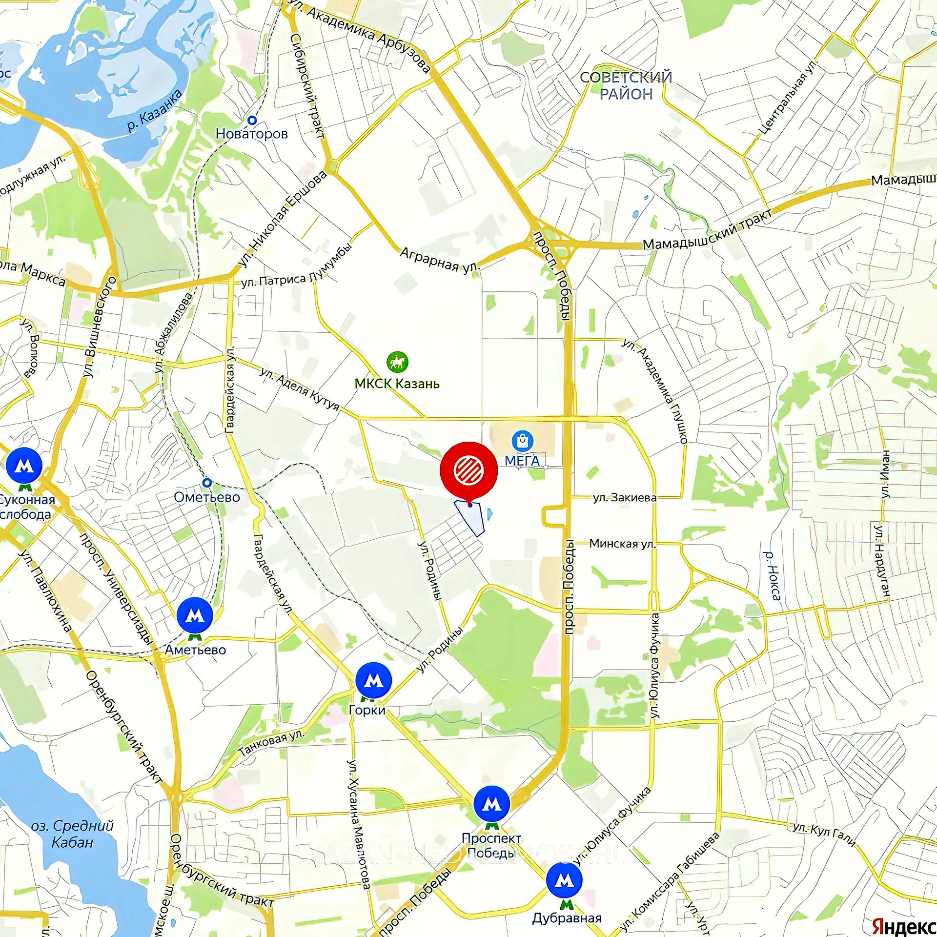 Расположение и маршрут на карте от ЖК Яратам до центра города