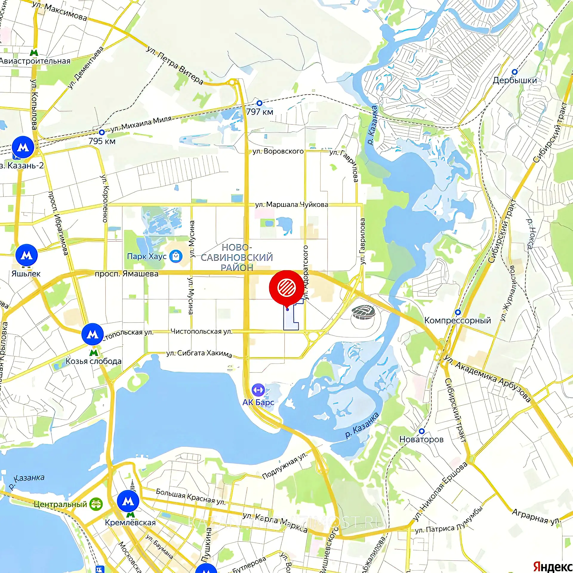 Расположение и маршрут на карте от ЖК Золотая середина до центра города